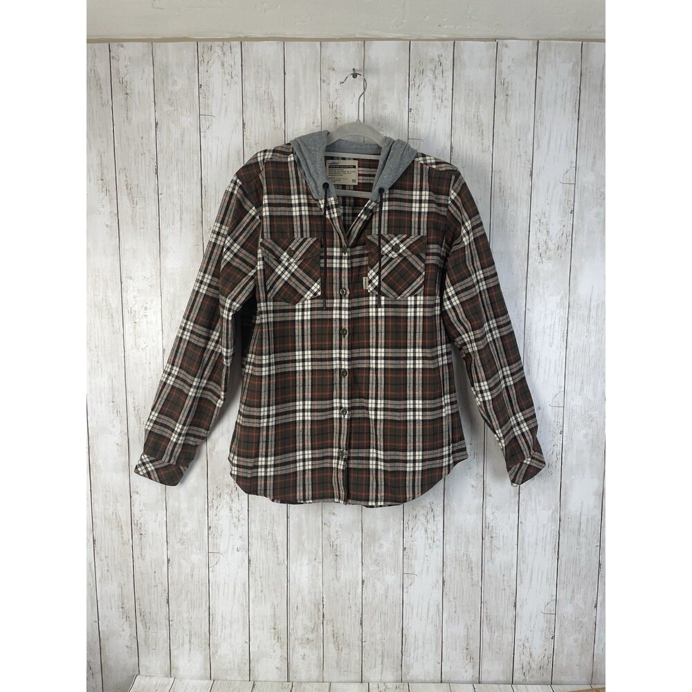 Flag Nor Fail Women’s Sz L Hooded Forever Flannel Orange Brown Button Front
